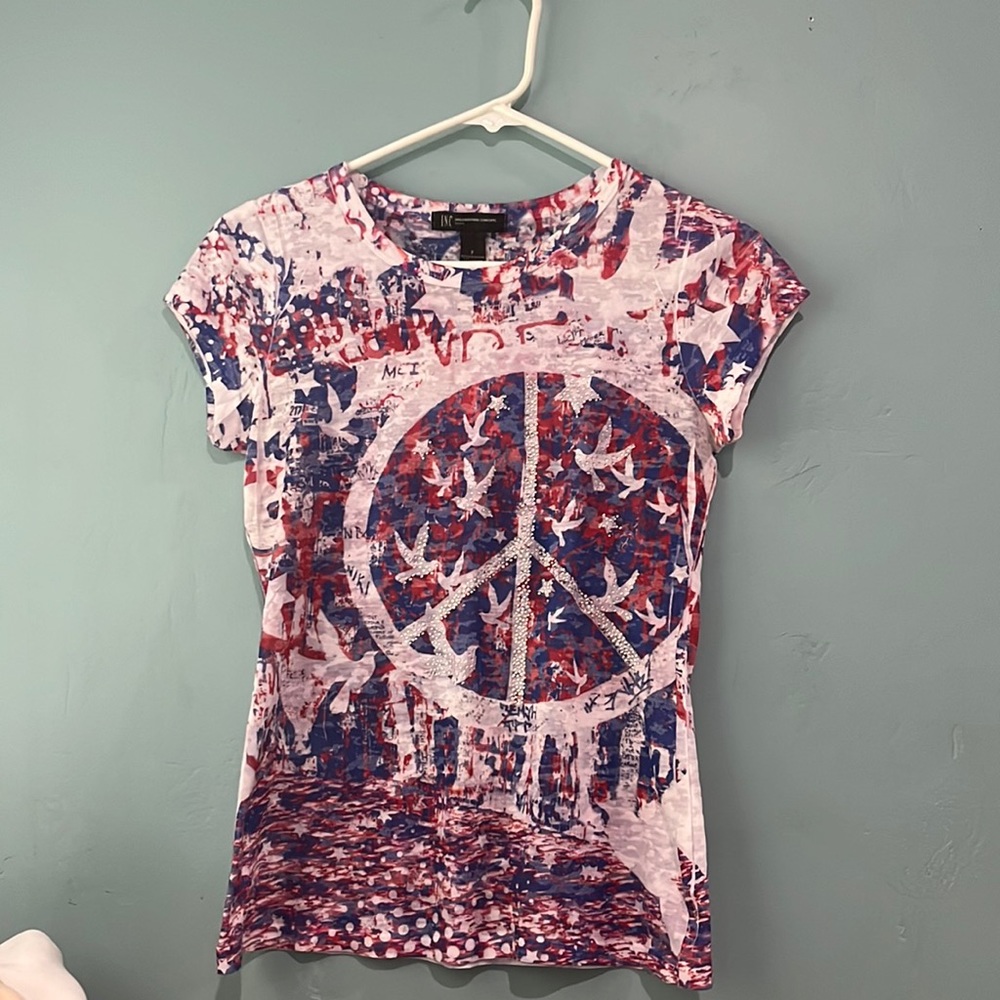 Y2K blue red and white shirt with rhinestones
